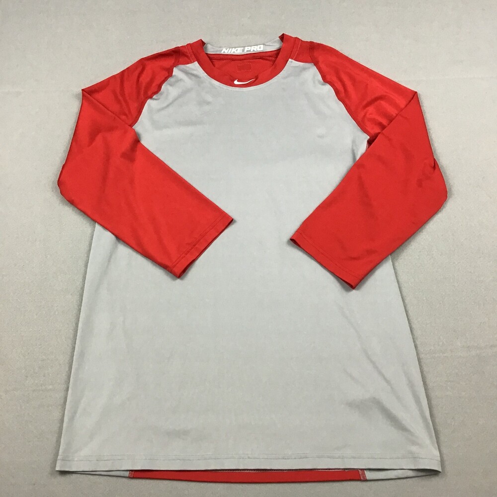 Nike Pro Shirt Men Large Gray Red Dri-Fit Long Sleeve Base Layer MLB Tee L